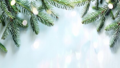 Poster - festive evergreen branches with soft white bokeh lights and frosted detail on a light blue winter background, ideal for holiday designs