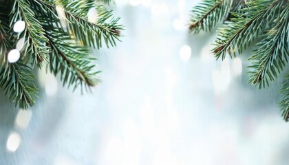 Aufkleber - festive evergreen branches with soft white bokeh lights and frosted detail on a light blue winter background, ideal for holiday designs