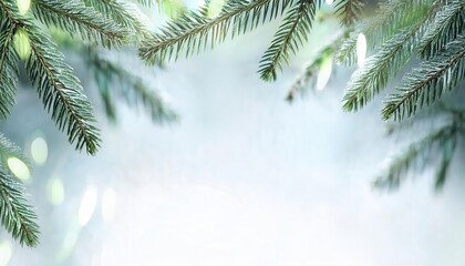 Aufkleber - festive evergreen branches with soft white bokeh lights and frosted detail on a light blue winter background, ideal for holiday designs