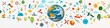 © Сергей Захаров - creative illustration of earth surrounded by icons of renewable energy water conservation and tree planting