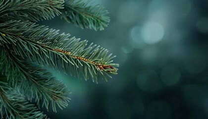 Poster - close-up of evergreen pine needles with soft bokeh background, suitable for winter, holiday, or nature themed designs