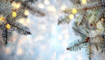 Poster - frosted evergreen branch with festive golden bokeh lights, winter holiday design element, perfect for christmas and seasonal background