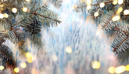 Poster - frosted evergreen branch with festive golden bokeh lights, winter holiday design element, perfect for christmas and seasonal background