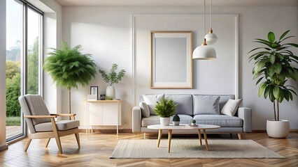 Wall Mural - Mockup poster in modern living room interior background, 3D render, white Mock up frame