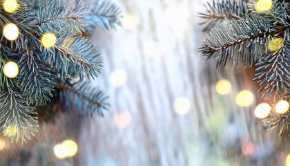 Poster - frosted evergreen branch with festive golden bokeh lights, winter holiday design element, perfect for christmas and seasonal background