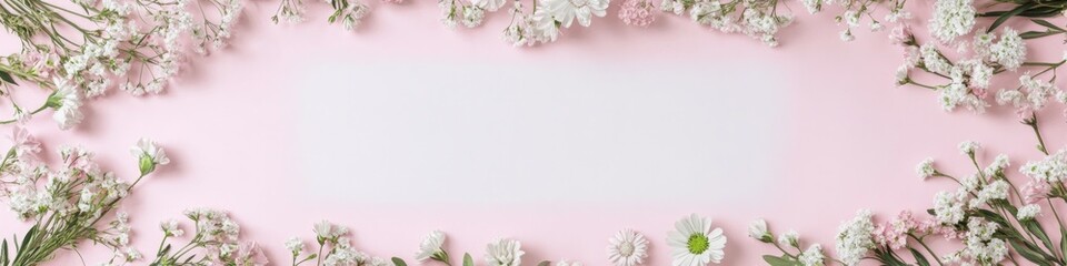 Poster - delicate hand-drawn-style floral wreath arranged around blank white space on pastel pink background