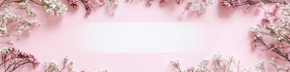 Poster - delicate hand-drawn-style floral wreath arranged around blank white space on pastel pink background