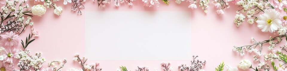 Poster - delicate hand-drawn-style floral wreath arranged around blank white space on pastel pink background