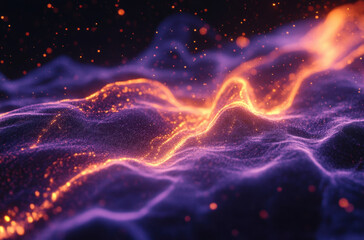 Aufkleber - Bright trails of orange and purple light weave through a dynamic landscape filled with sparkling particles, creating a mesmerizing cosmic atmosphere.