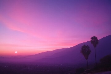 Poster - Soft neon colors fill the sky during sunrise, with palm trees in the foreground and distant mountains enhancing the tranquil, retro vibe of the moment