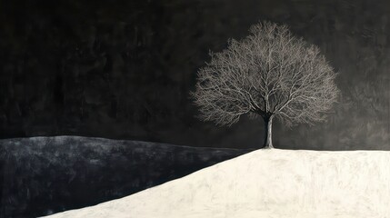 Poster - Lone bare tree on snowy hill against dark background.
