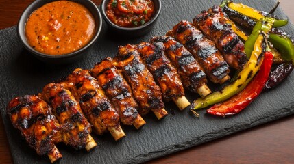 Poster - Thick-cut grilled pork ribs with a rich, smoky glaze, arranged on a dark slate platter with a side of charred peppers and a tangy dipping sauce.