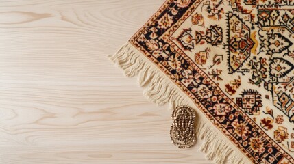 Poster - flat lay of prayer rug with tasbih bead set on light wooden surface