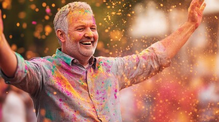 Poster - middle-aged man joyfully dancing with colorful holi powders falling around him captured in focus