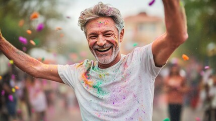 Poster - middle-aged man joyfully dancing with colorful holi powders falling around him captured in focus