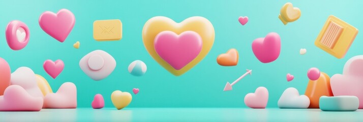Leinwandbilder - Floating 3D chat bubbles, hearts, and arrows create a vibrant atmosphere for expressive communication and connection. Generative AI