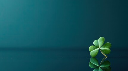 Poster - single green four-leaf clover resting on reflective surface with solid dark teal background