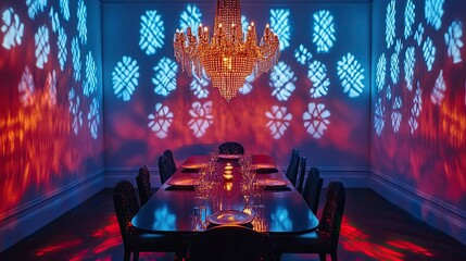 Poster - vibrant dining area with bold chandelier as centerpiece casting intricate patterns on walls