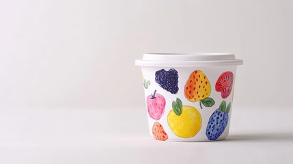 Poster - vibrant yogurt container with fruit illustrations sitting on pristine white background with 70 copy space