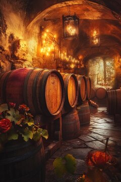 vibrant shot of barrels aging wine in dimly lit cellar with warm lighting emphasizing textures and depth