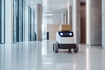Poster - automated delivery robot navigating through modern office building carrying package