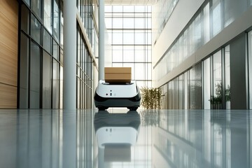 Poster - automated delivery robot navigating through modern office building carrying package