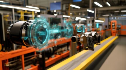 Poster - Assembling an electric motor with a robotic arm in an automated factory, featuring a holographic interface that displays technical data and specifications