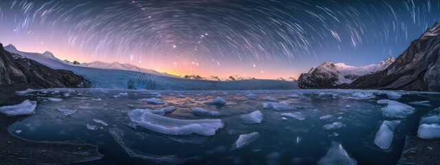 A stunning perspective of a high-altitude glacier lake with massive, fractured ice floes and a rare, bright solar halo creating a striking effect in the clear sky