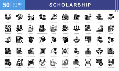 Sticker - Scholarship icon collection set. Containing financial aid, tuition assistance, grant, fellowship, award, bursary, stipend icon. Simple vectors illustration.