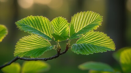 Wall Mural - Close-up of vibrant green leaves backlit by sunlight, showcasing intricate leaf veins and texture.