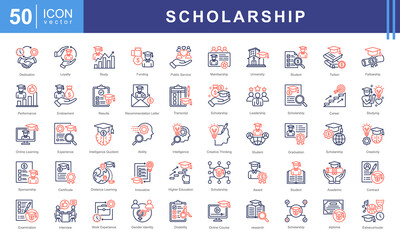 Sticker - Scholarship icon collection set. Containing financial aid, tuition assistance, grant, fellowship, award, bursary, stipend icon. Simple vectors illustration.