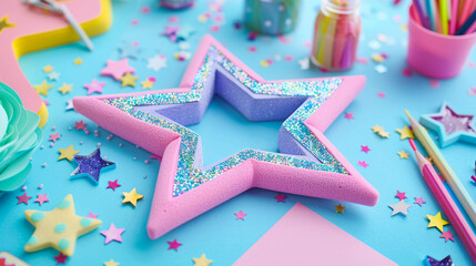 Wall Mural - A whimsical DIY photo frame shaped like a star, made with foam and decorated with sparkly stickers and glitter, displayed on a cheerful crafting table.