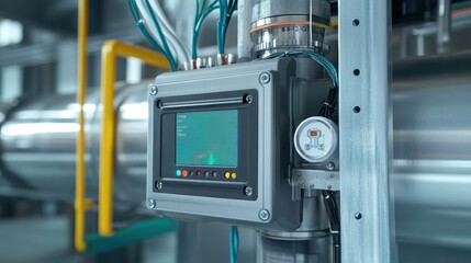 Poster - Electronic control panel displaying real time data and parameters, managing automated operations and optimizing production efficiency within a sophisticated industrial manufacturing environment