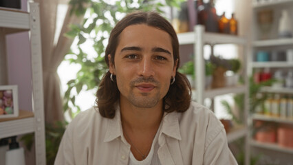 Handsome young man with long hair in a home decor shop featuring plants, shelves, and decorative items, creating an inviting and stylish indoor environment