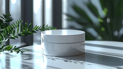 Wall Mural - Minimalist White Container on Sunlit Table with Greenery - Ideal for Product Display