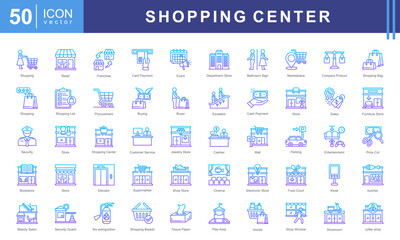 Poster - Shopping Center icon collection set. Containing destination, retail park, cashier, basket, buyer, strip mall, shelf icon