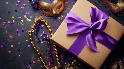 Wall Mural - Mardi gras festive background with A box with a purple ribbon sits on a table with a gold mask and a gold necklace. The box is decorated with purple ribbons and gold beads