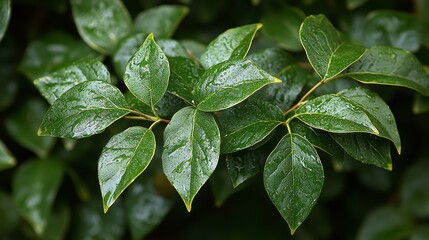 Wall Mural - Close-up of vibrant green leaves with water droplets, showcasing rich texture and detail.