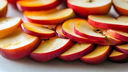 Wall Mural - Closeup of sweet apple slices layered over each other on a clean white table, capturing their glossy skins