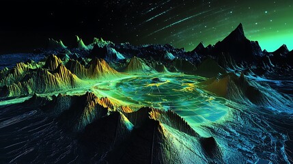 Poster -  A holographic map projecting the terrain of a newly discovered alien world 