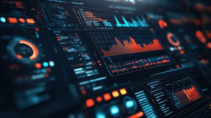Poster - futuristic control panel featuring performance data, statistics, and key metrics for manufacturing p
