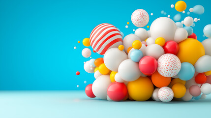 Poster - Colorful 3D spheres create a vibrant abstract composition illustrating chaos in a playful, artistic manner against a bright blue background