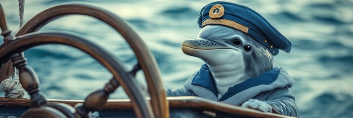 Aufkleber - Dolphin dressed as a ship captain steers a ship through the ocean while wearing a nautical uniform. Generative AI