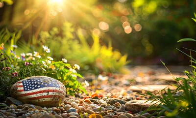 Wall Mural - rock with flag in sunlit garden, surrounded by flowers and pebbles