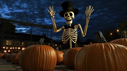 Wall Mural - A cheerful skeleton in a top hat amidst pumpkins at night.