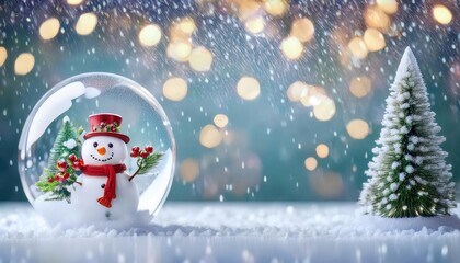Poster - festive snow globe with a smiling snowman in a red hat and scarf, surrounded by a snowy miniature forest, holly decoration, and bokeh lights for winter holiday themes and creative projects