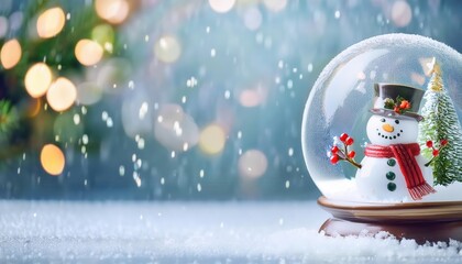 Poster - festive snow globe with a smiling snowman in a red hat and scarf, surrounded by a snowy miniature forest, holly decoration, and bokeh lights for winter holiday themes and creative projects