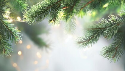 Poster - close-up of evergreen pine branches with warm white bokeh lights, ideal for christmas, winter holiday background or designs