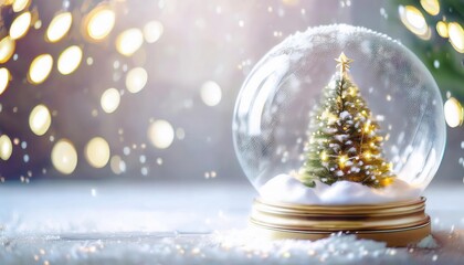 Poster - delicate snow globe featuring a glowing christmas tree with golden lights, perfect for holiday decoration, gift, or festive design project

