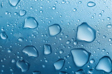 Poster - Water droplets create a textured surface on a blue background in close-up